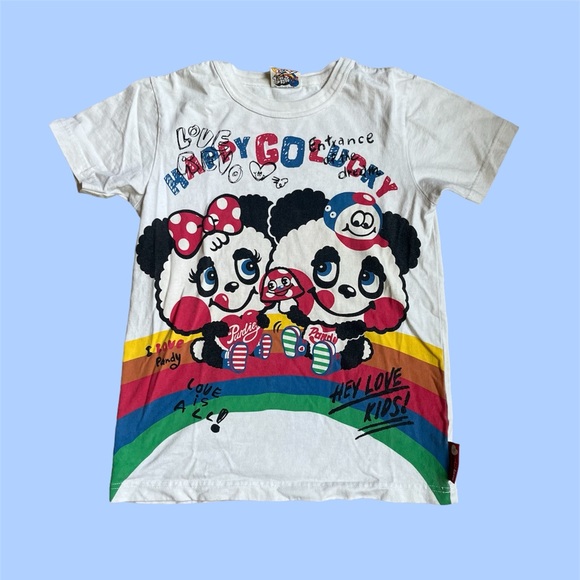 Japanese Brand y2k Love Revolution Panda Rainbow Graphic White Baby Tee - Picture 1 of 7